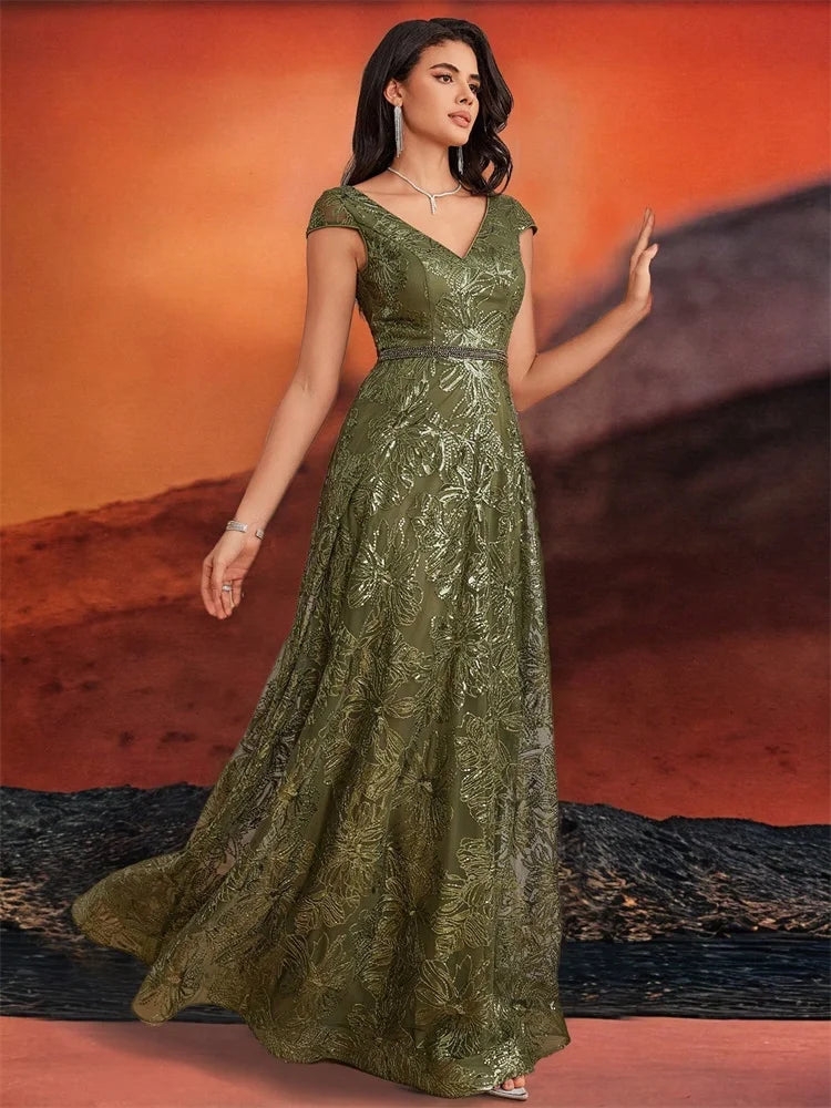 Women’s Olive Green Lace Evening Gown | V-Neck A-Line Formal Maxi Dress for Weddings, Mother of the Bride, Galas & Special Occasions