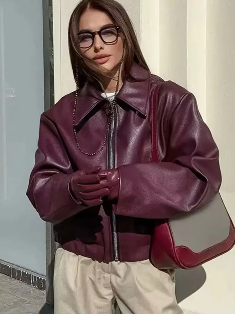 Women’s Burgundy Faux Leather Jacket | Oversized Vintage Zip-Up Cropped Moto Coat