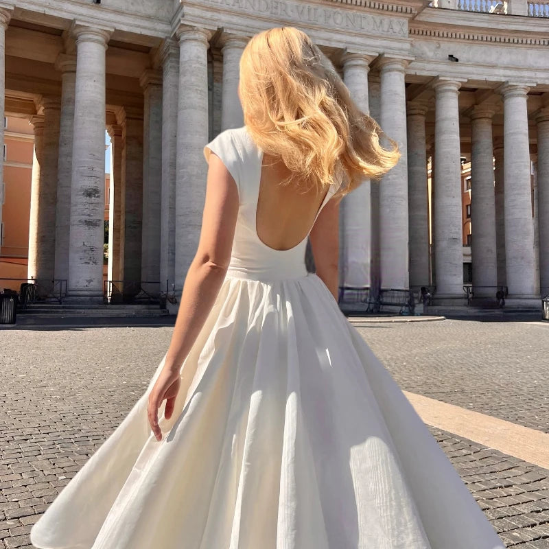 Women’s Elegant Ivory Midi Dress | Minimalist A-Line Cocktail & Wedding Guest Dress