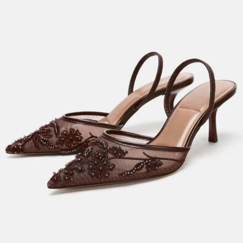 Women’s Embroidered Mesh Slingback Heels – Elegant Pointed Toe Party Pumps for Wedding & Evening Wear