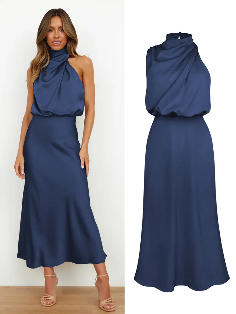 High Neck Satin Maxi Dress Women | Sleeveless Elegant Evening Dress