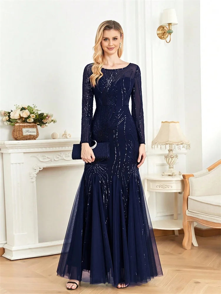 Women’s Navy Blue Sequin Mermaid Evening Gown | Long Sleeve Illusion Neck Formal Maxi Dress for Galas, Weddings & Black Tie Events