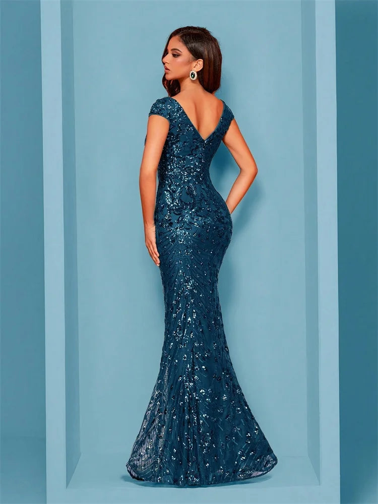 Women’s Navy Blue Sequin Mermaid Evening Gown | V-Neck Formal Maxi Dress for Prom, Galas, Weddings & Black Tie Events