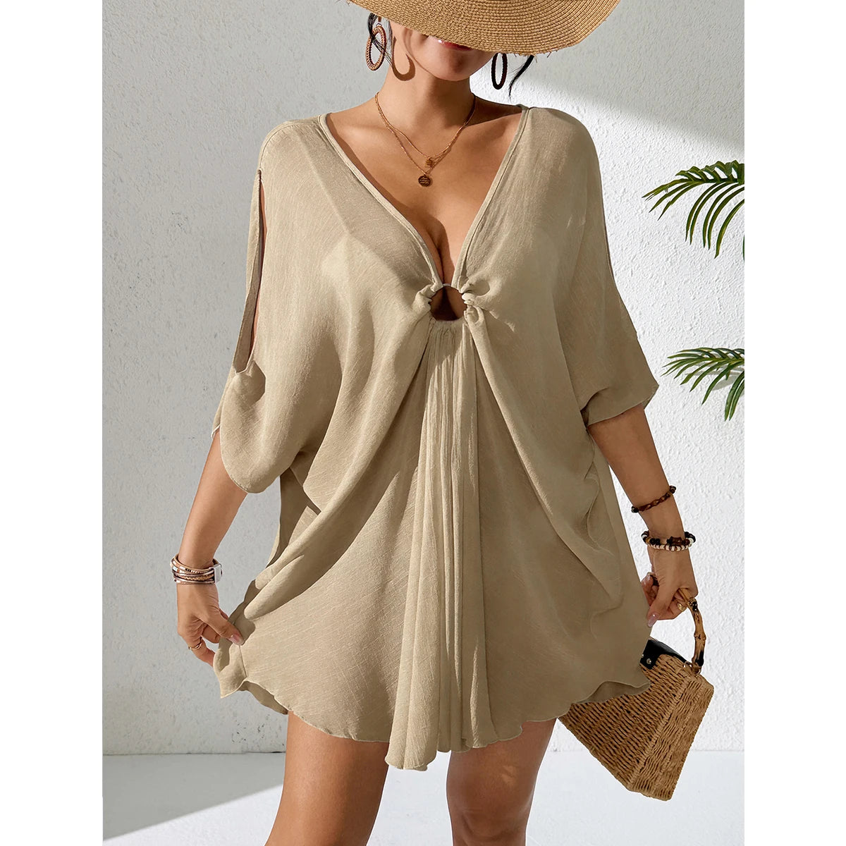 Boho Beach Cover Up | Loose V Neck Mini Dress