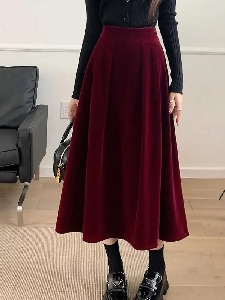 Women High Waist Velvet Midi Skirt Elegant A Line Flared Long Skirt