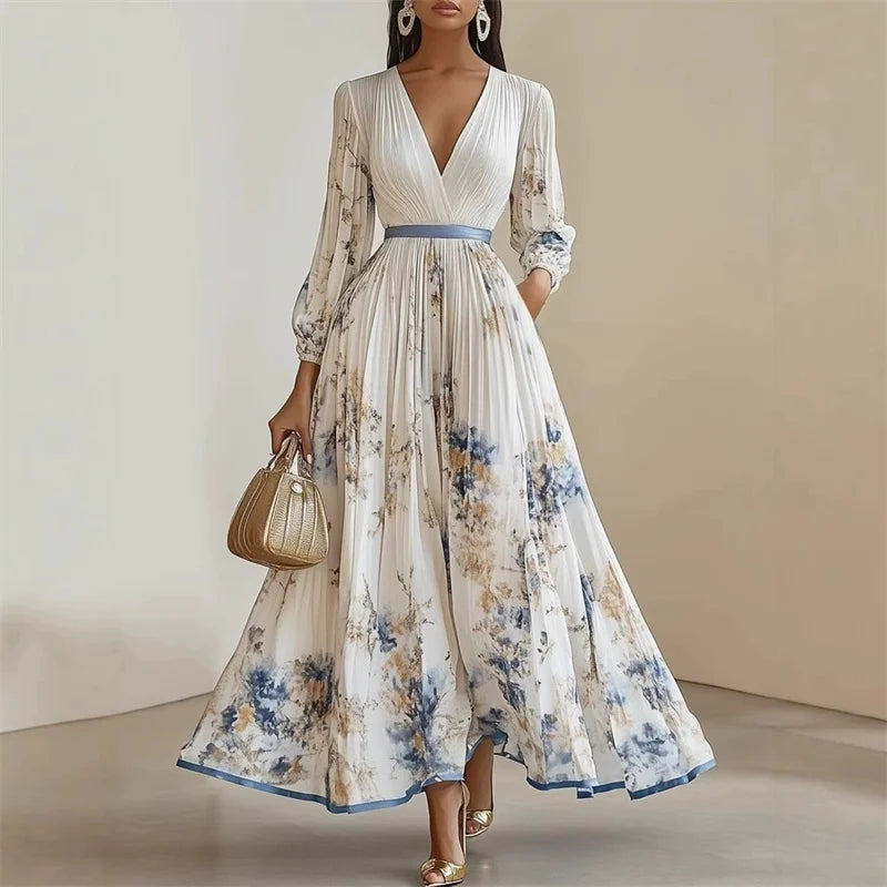 Floral Maxi Dress Women | Long Sleeve V Neck A Line Evening Dress