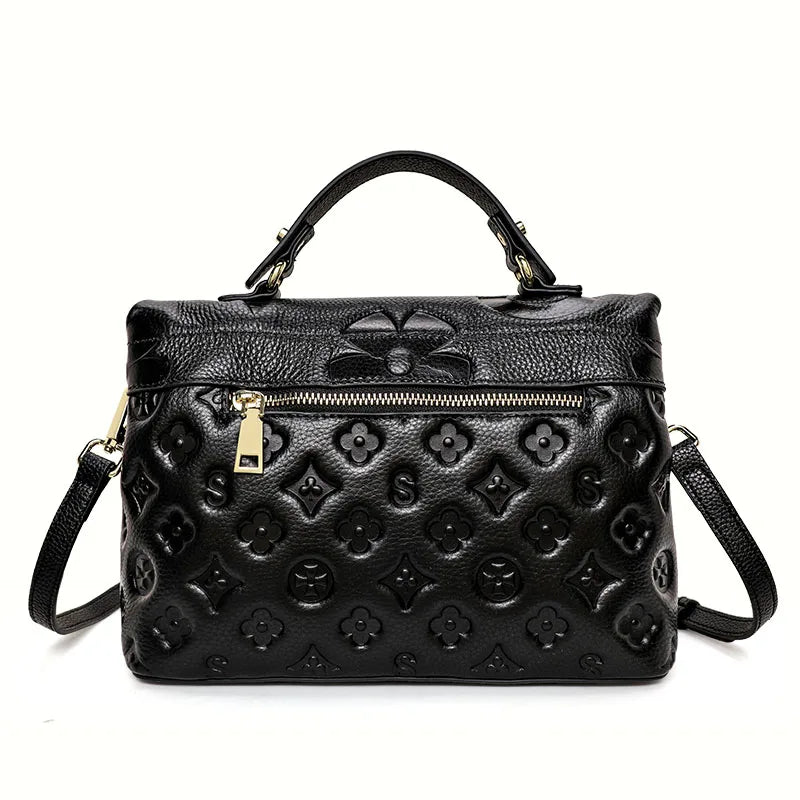 Black Embossed Floral Satchel Handbag for Women | Luxury Top Handle Crossbody Purse | Elegant Designer Shoulder Bag