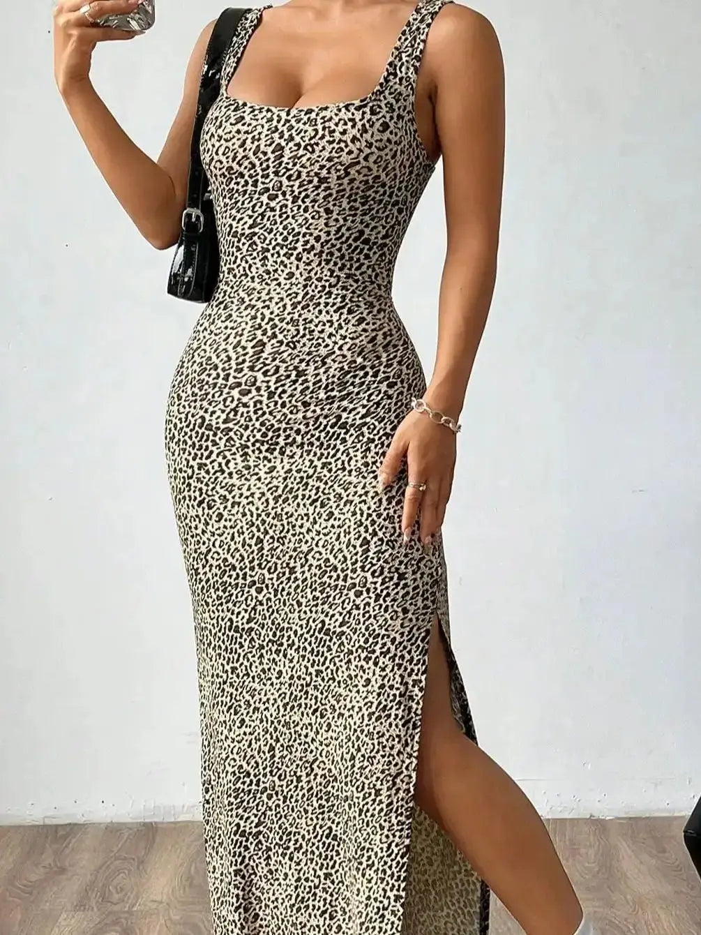 Leopard Print Bodycon Maxi Dress Women | Sleeveless Side Slit Party Dress