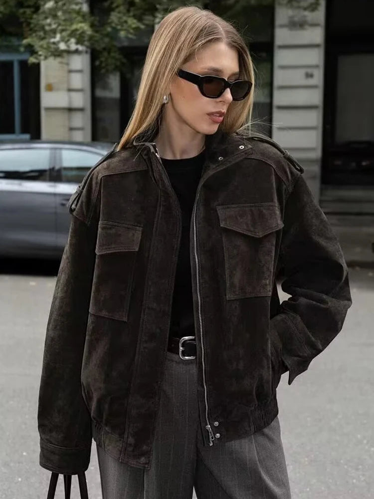 Women’s Oversized Utility Jacket | Vintage Washed Zip Up Streetwear Coat