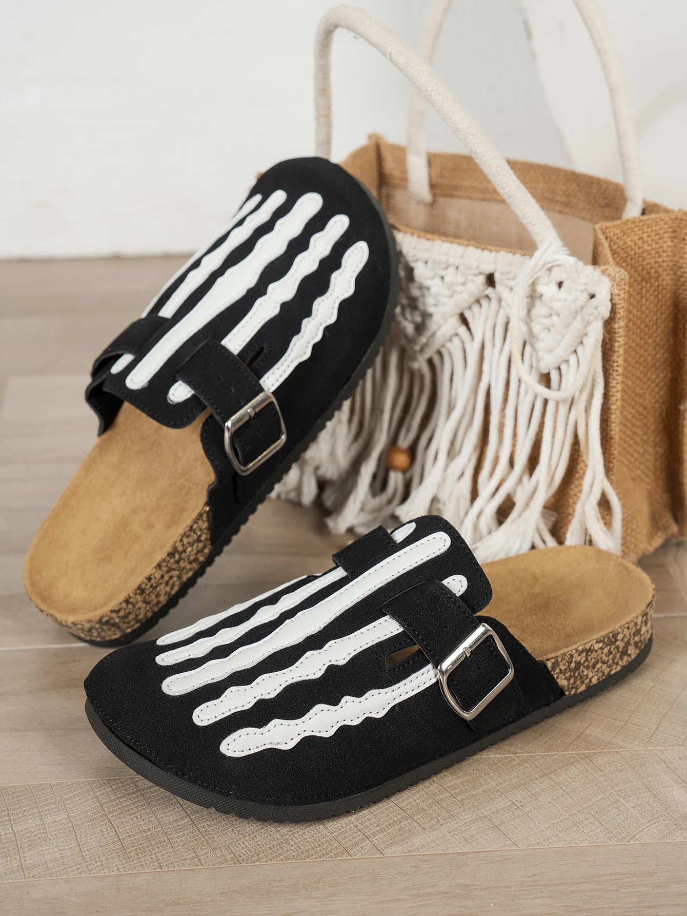 Women’s orthopaedic Skeleton Print Slide Sandals – Casual Double Buckle Cork Footbed Slippers for Everyday & Summer Wear