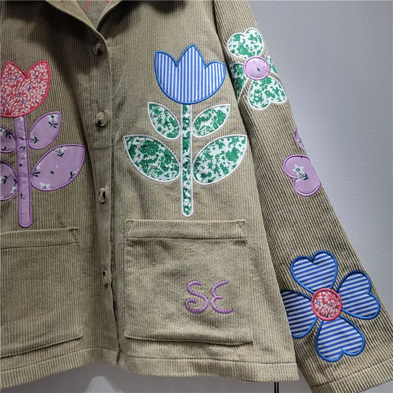 Women’s Floral Patchwork Corduroy Jacket | Vintage Embroidered Button Front Shacket
