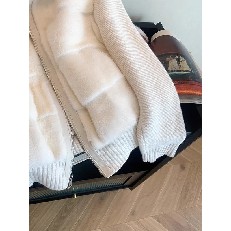 Women’s Faux Fur Knit Zip Cardigan | Luxe Cream Winter Sweater Jacket Coat