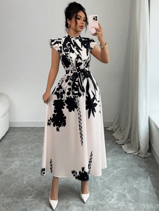 Printed Midi Dress Women | Ruffle Sleeve Belted A Line Elegant Dress