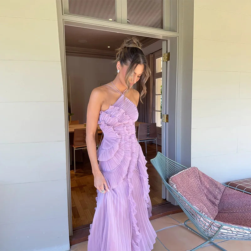 Women’s Lavender Pleated Ruffle Evening Gown | Elegant Halter Maxi Party Dress
