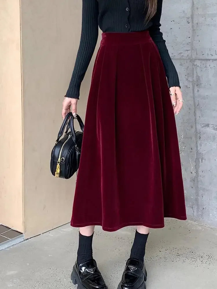 Women High Waist Velvet Midi Skirt Elegant A Line Flared Long Skirt