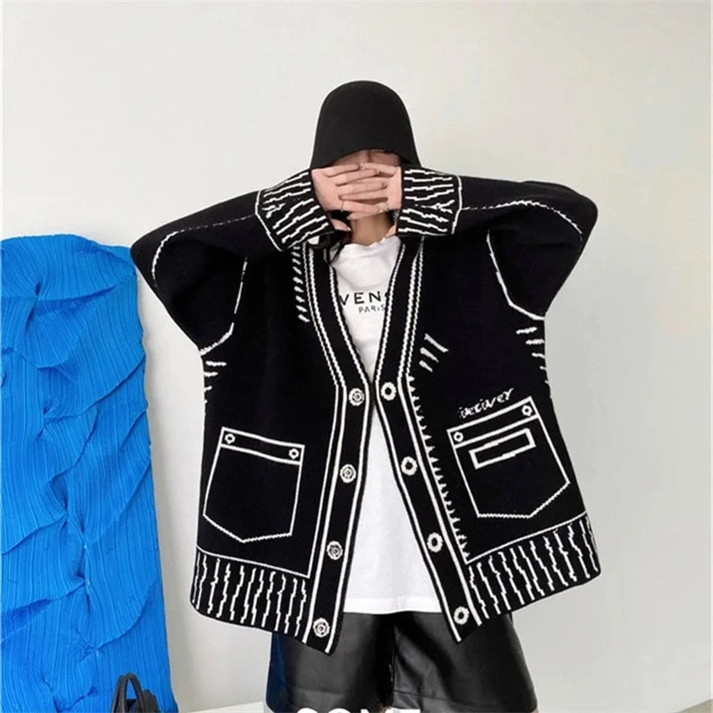 Women’s Oversized Contrast Knit Cardigan | Graphic Black & White Button-Up Sweater Coat