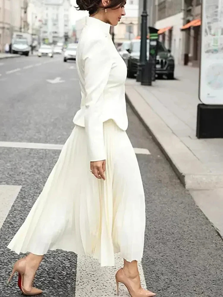 Women's Embroidered Tailored Jacket & Pleated Midi Skirt Co-Ord Set | Elegant Formal Occasion Outfit