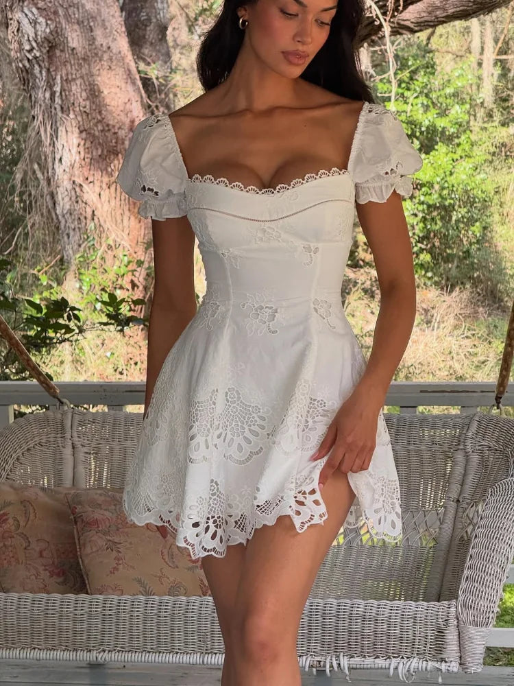 Women’s White Lace Cottagecore Mini Dress | Romantic Puff Sleeve Corset Summer Dress