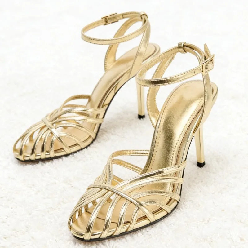Women’s Metallic Strappy Stiletto Heels – Elegant Ankle Strap Party Sandals for Wedding, Evening & Occasion Wear