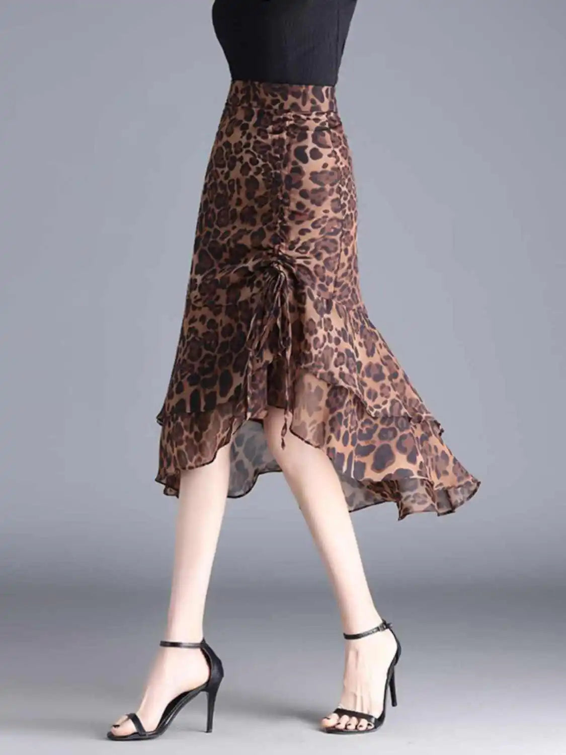 Women Leopard Print Ruffle Midi Skirt High Waist Ruched Mermaid Skirt