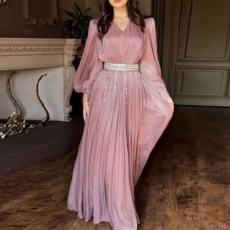 Pleated Maxi Dress Women | Long Sleeve V Neck Elegant Evening Dress