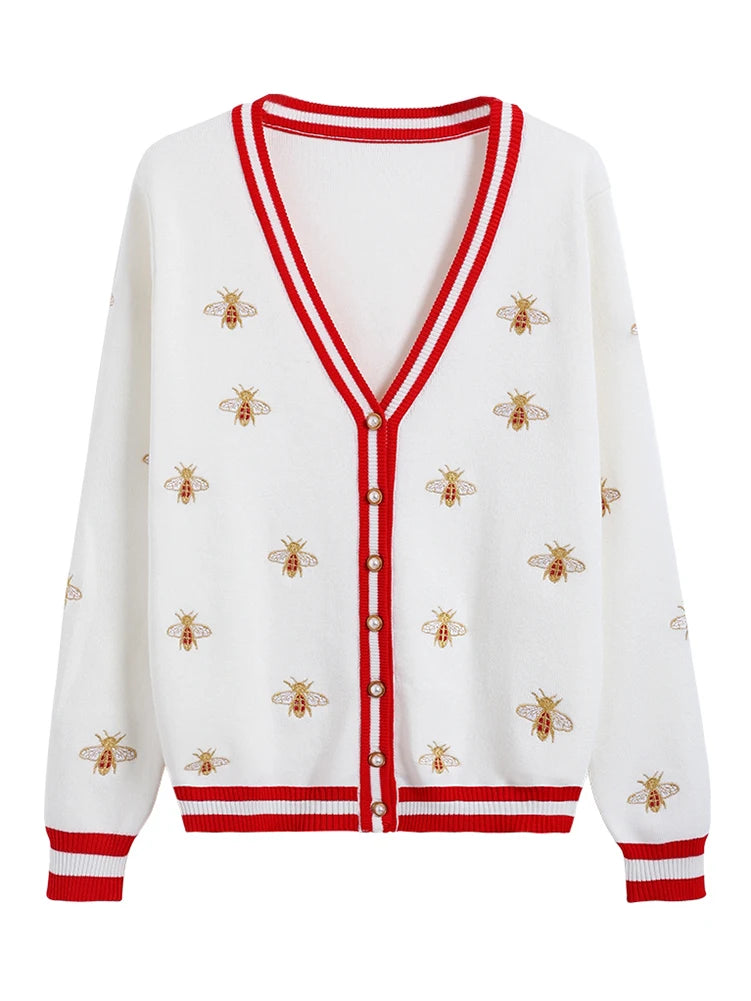 Women’s Bee Embroidered Cardigan Sweater | White V-Neck Preppy Knit Cardigan with Red Trim
