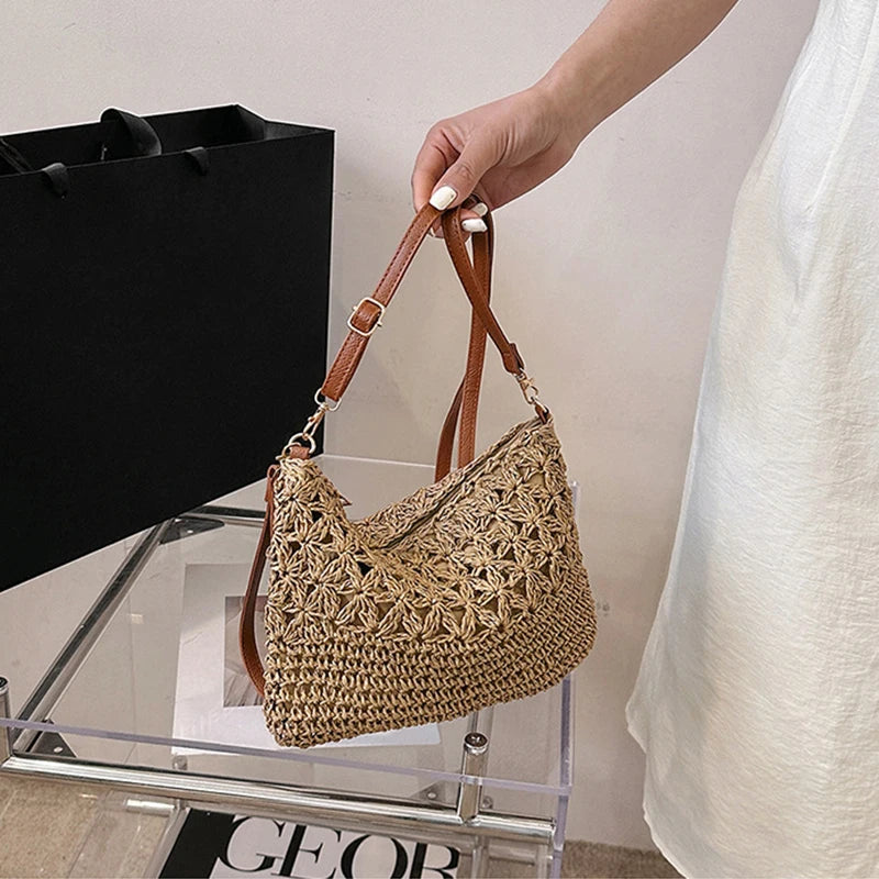 Woven Crochet Shoulder Bag for Women | Boho Summer Handbag | Casual Straw Crossbody Purse | Trendy Beach Tote