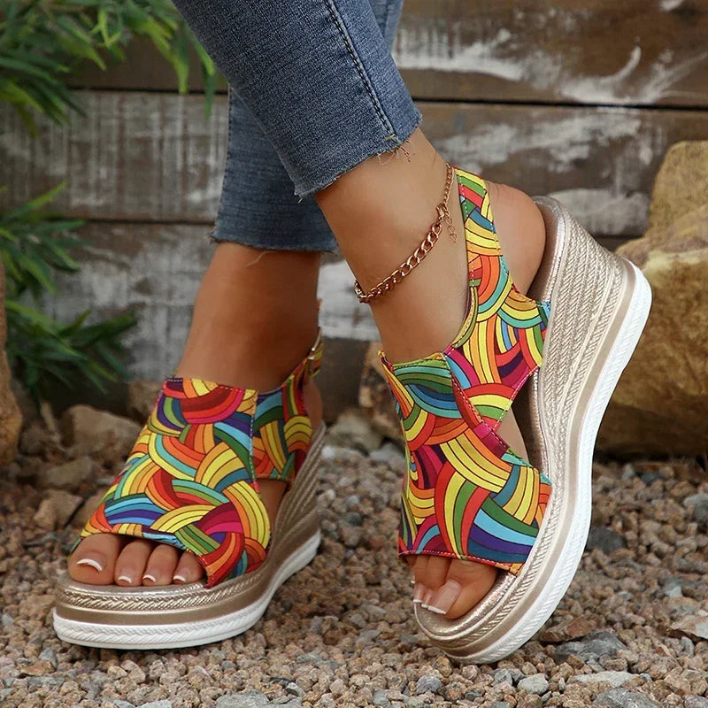 Women’s Printed Wedge Sandals – Colorful Platform Slingback Sandals for Casual, Travel & Summer Wear