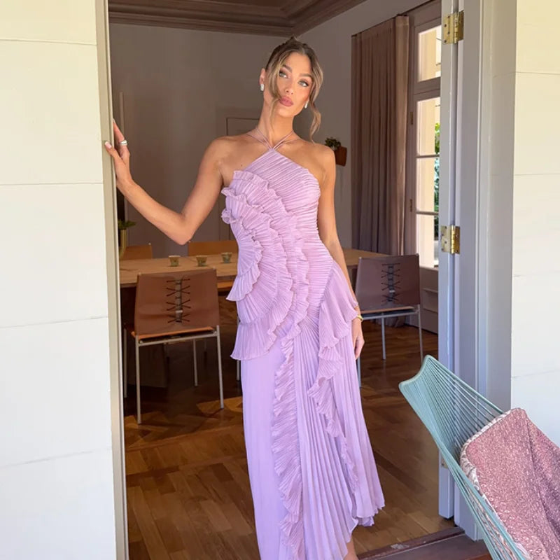 Women’s Lavender Pleated Ruffle Evening Gown | Elegant Halter Maxi Party Dress