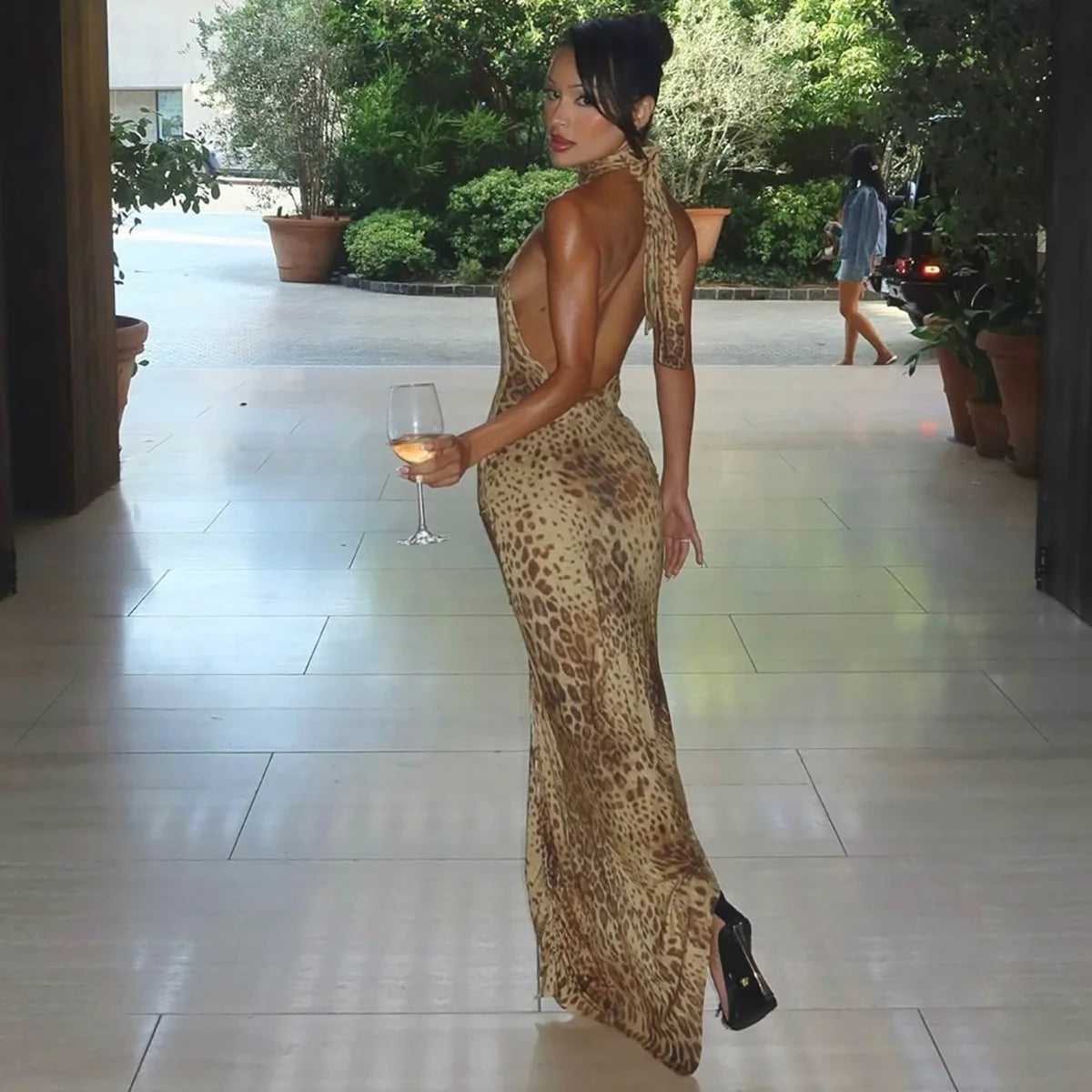 Leopard Print Maxi Dress Women | Halter Neck Bodycon Elegant Evening Dress