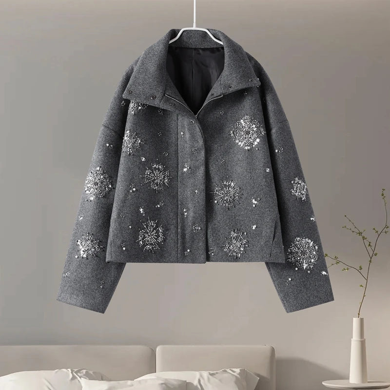 Women’s Embellished Wool Coat | Luxury Oversized High Neck Jacket