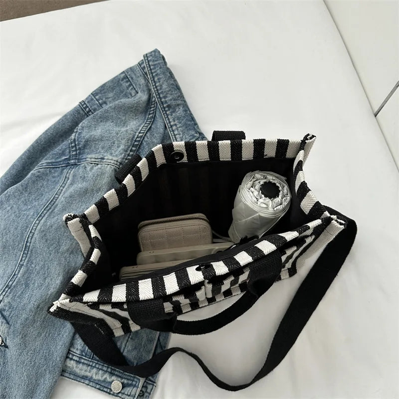 Striped Canvas Tote Bag for Women | Large Capacity Shoulder Handbag | Casual Travel Shopper Purse | Everyday Utility Tote