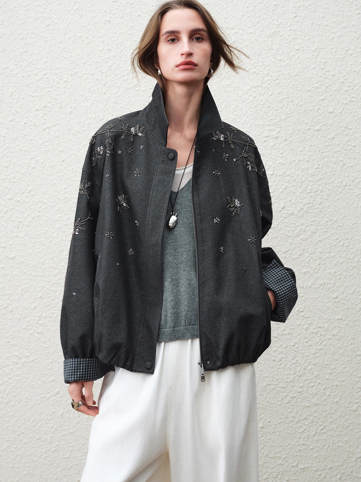 Women’s Embellished Bomber Jacket | Vintage Oversized Zip Up Casual Statement Outerwear