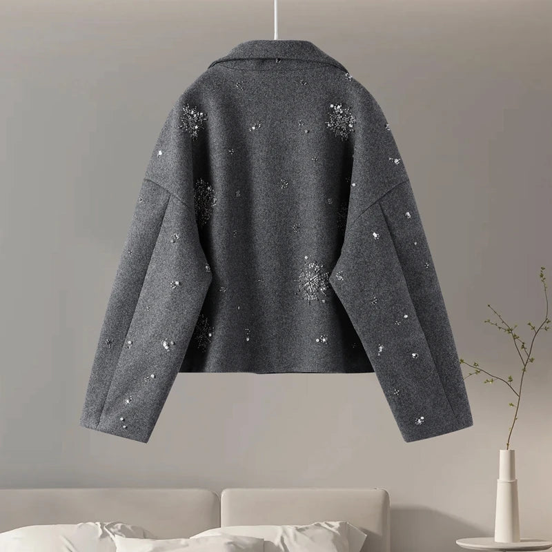 Women’s Embellished Wool Coat | Luxury Oversized High Neck Jacket