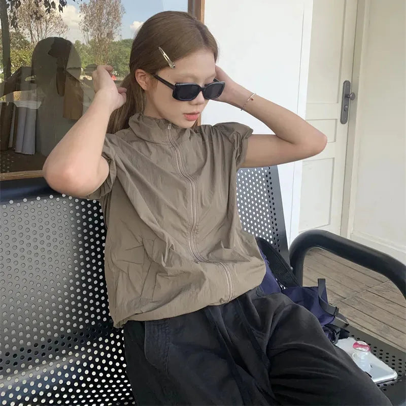 Women’s Taupe Sleeveless Hooded Windbreaker Jacket | Lightweight Zip-Up Utility Vest for Hiking, Travel & Casual Outdoor Wear