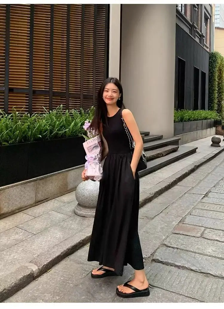 Women’s Black Sleeveless Maxi Dress | Minimalist A-Line Pocket Dress for Casual, Vacation & Everyday Elegance