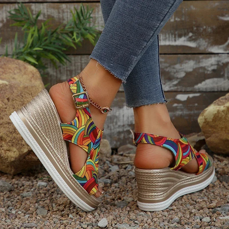 Women’s Printed Wedge Sandals – Colorful Platform Slingback Sandals for Casual, Travel & Summer Wear