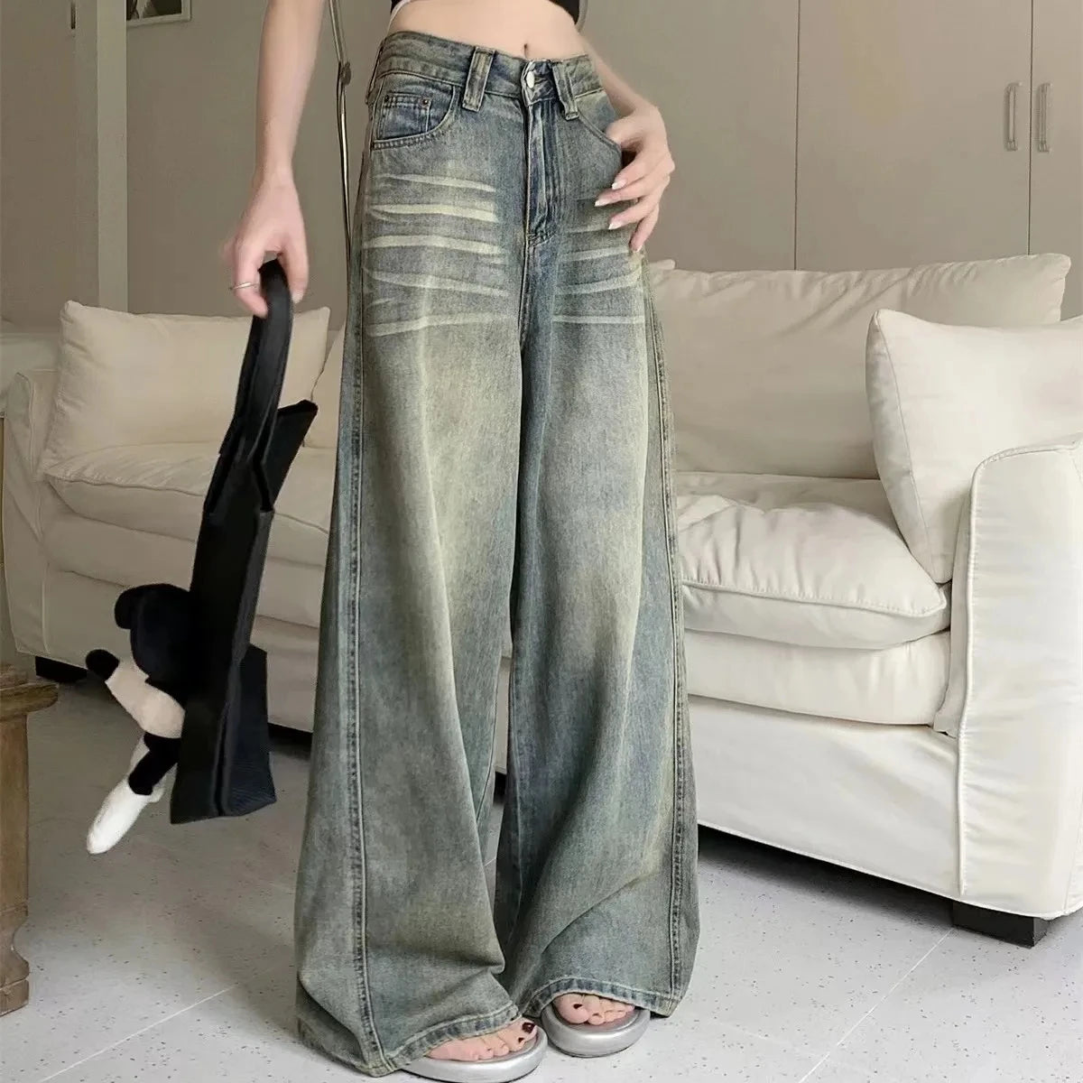 Women Vintage Wide Leg Jeans High Waist Baggy Denim Pants Streetwear Trousers