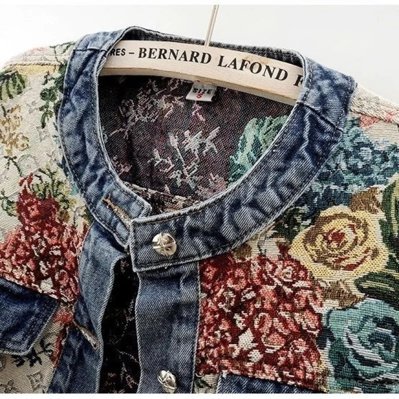 Women’s Floral Tapestry Denim Jacket | Vintage Embroidered Boho Cropped Statement Coat