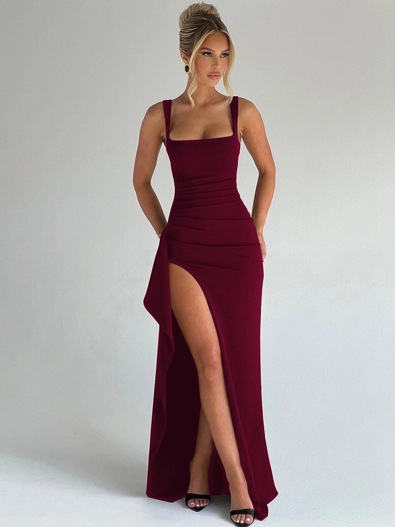 Square Neck Bodycon Maxi Dress Women | High Split Evening Party Dress