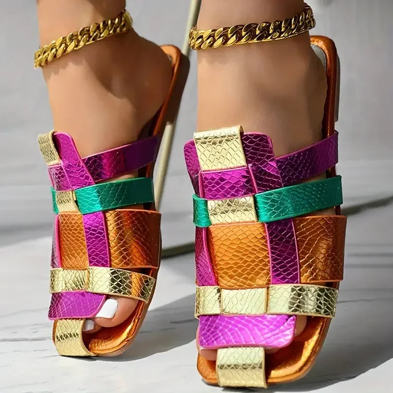 Women’s Multicolor Slide Sandals – Trendy Metallic Flat Slippers for Casual, Beach & Summer Wear