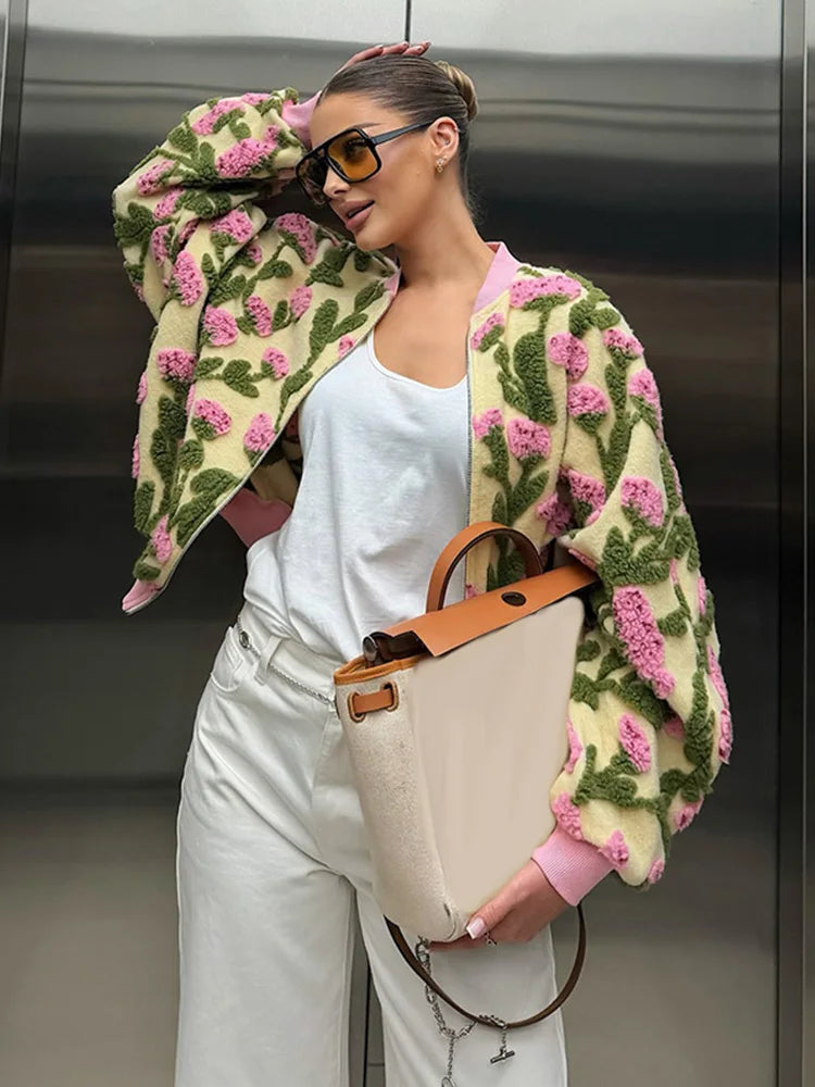 Women’s Floral Textured Bomber Jacket | Oversized Cozy Teddy Zip-Up Statement Coat