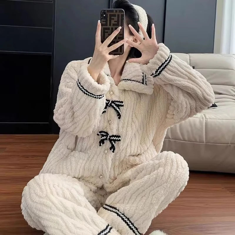 Women's Plush Fleece Pyjama Set | Cozy Button Up Loungewear & Sleepwear Two Piece Set
