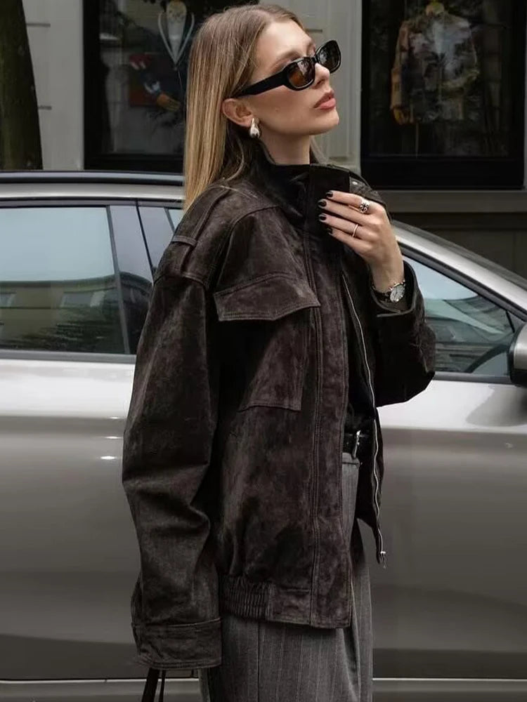 Women’s Oversized Utility Jacket | Vintage Washed Zip Up Streetwear Coat