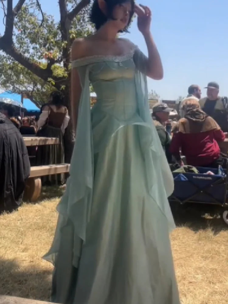 Women’s Sage Green Off Shoulder Princess Ball Gown | Corset Maxi Dress with Cape Sleeves for Prom, Renaissance Fair & Formal Events