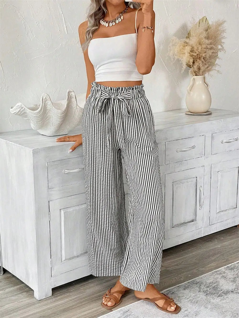 Women High Waist Striped Wide Leg Pants Casual Tie Waist Palazzo Trousers