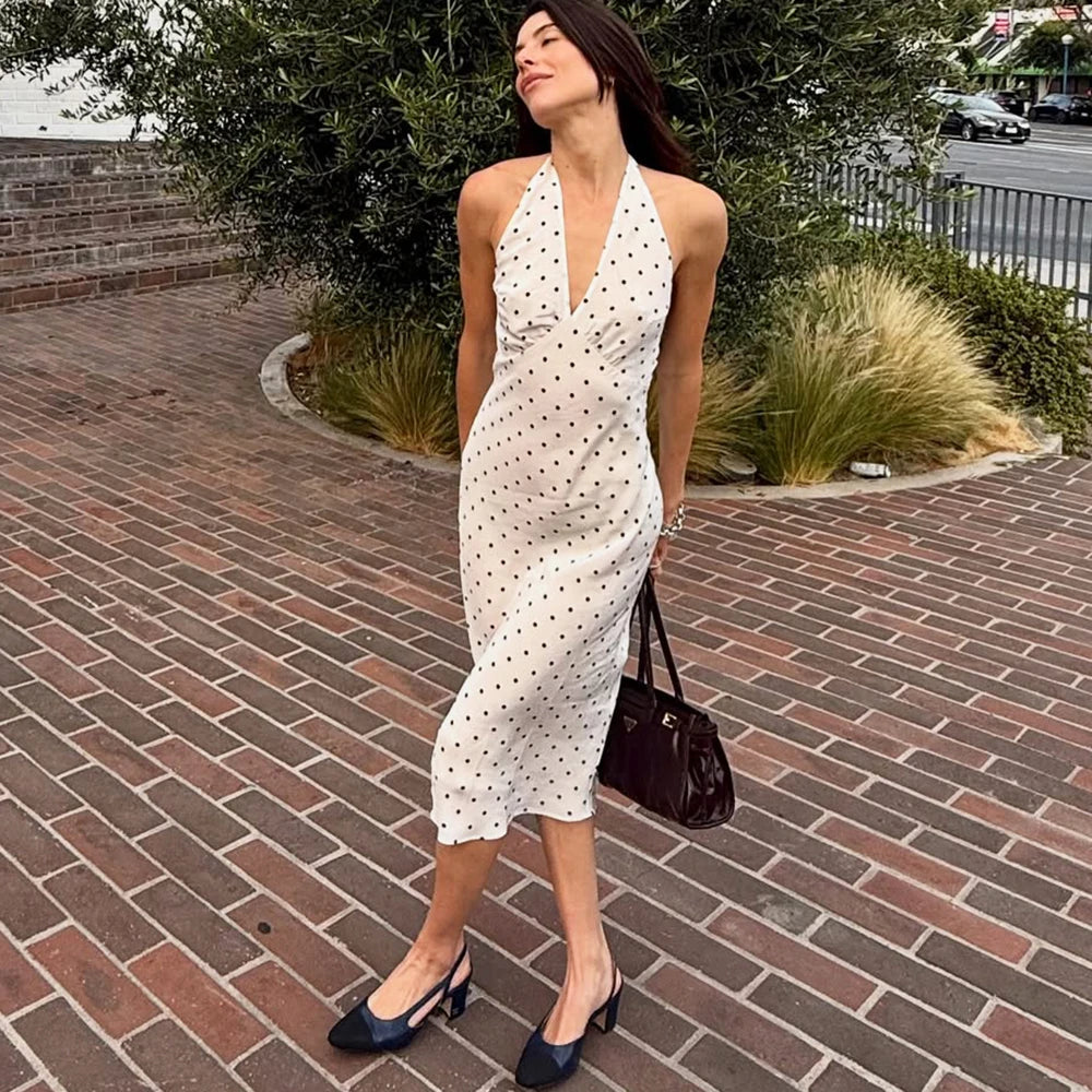 Women’s White Polka Dot Halter Maxi Dress | Elegant Backless Summer Vacation & Resort Dress