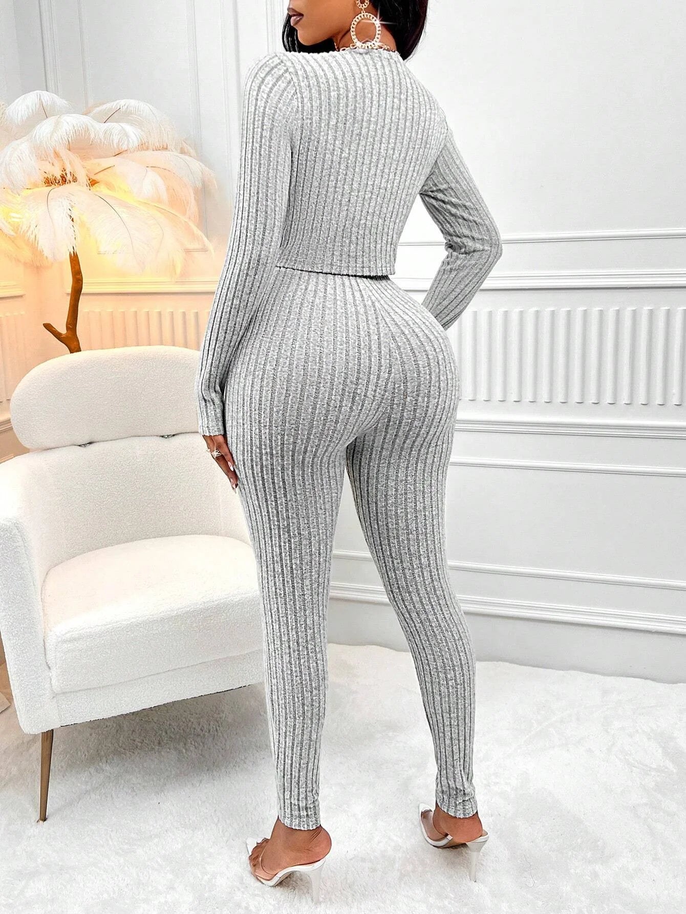Women's Ribbed Knit Three Piece Co-Ord Set | Bandeau Top, Cardigan & High Waist Trousers Outfit