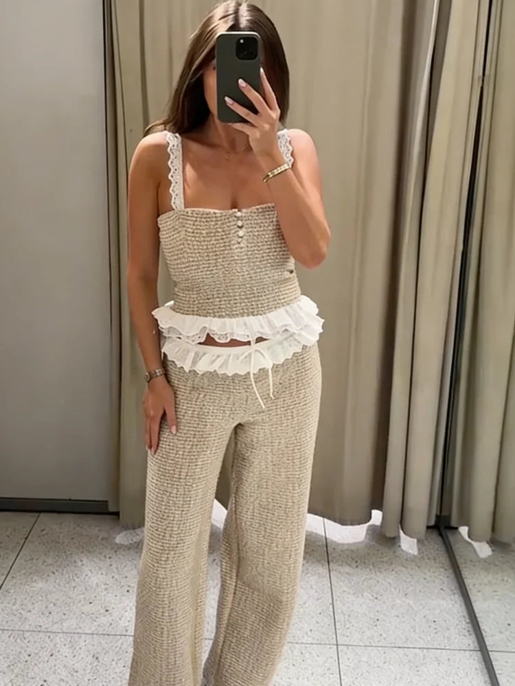Women's Textured Wide Leg Co-Ord Set | Shirred Cami Top & Relaxed Trousers Two Piece Outfit