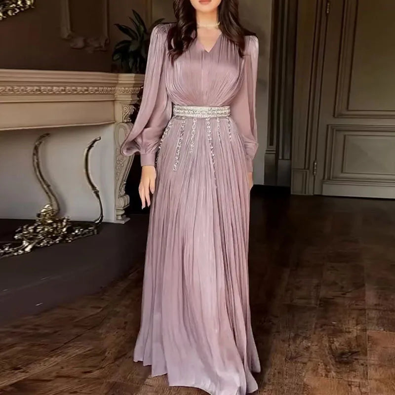 Pleated Maxi Dress Women | Long Sleeve V Neck Elegant Evening Dress
